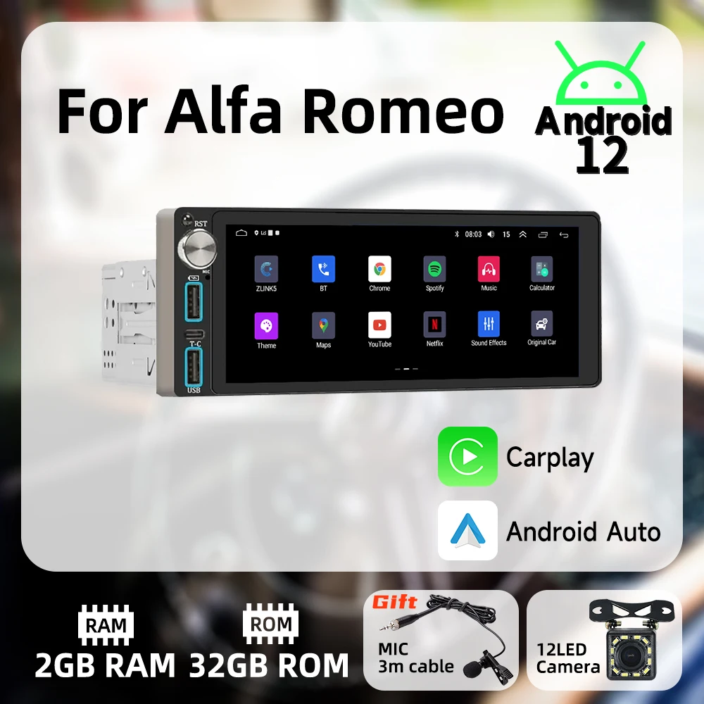 

Carplay Android Auto 1 Din Radio Android Car Multimedia for Alfa Romeo 6.86" Screen Stereo Head Unit Autoradio GPS Navigation