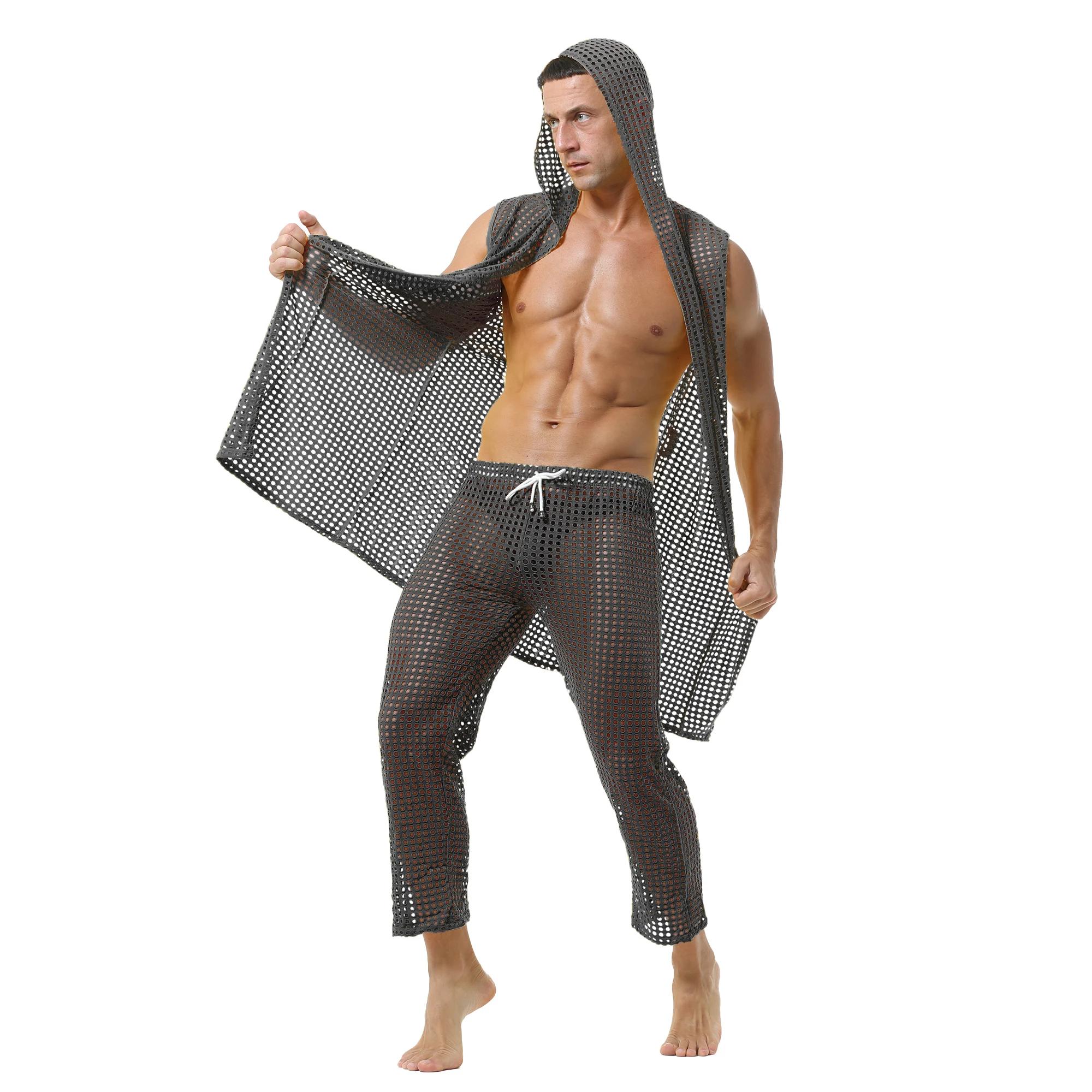 

Men's Fishnet Hollow Out Robes Classic Lounge Pants Sexy Sleepwear Mens Robe Sets Daily Home Sleeveless Bathrobes Hooded Pajamas