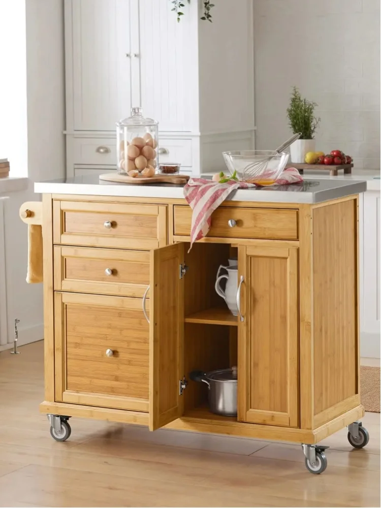 SoBuy FKW70-N Kücheninsel auf Rollen mit Edelstahl-Arbeitsplatte und Schubladen, Barwagen Natur 115x92x46cm