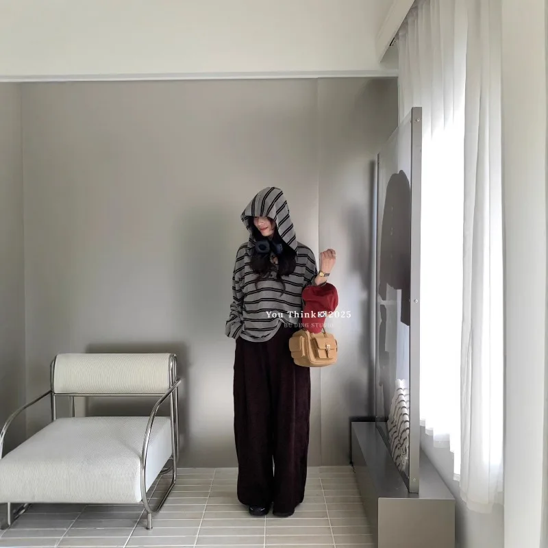 

Spring and Autumn Fashion Casual Hooded Striped Contrast Color Loose Versatile Sweater Pullover Top