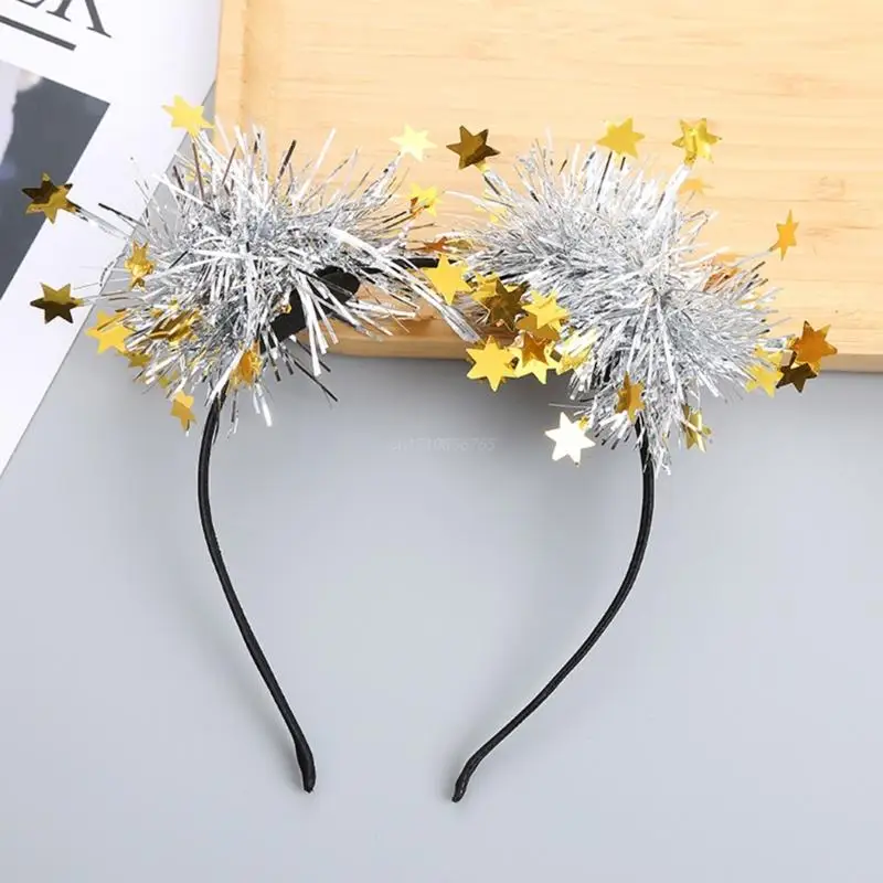 Tinsel Star Pompom Shape Hair Hoop Adult Teenagers Unique Headband for Festival New Year Performances Hair Accessories