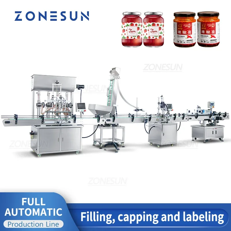 ZONESUN Automated Production Line for Chili Sauce Twist Off Cap Round Bottle Glass Jar Filling Capping Labeling Machine