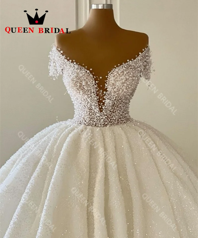 Beading Pearls Wedding Dresses 2024 Luxury Sequined Lace V Neck Off Shoulder Bridal Ball Gowns Vestidos De Novia Custom Z68Y