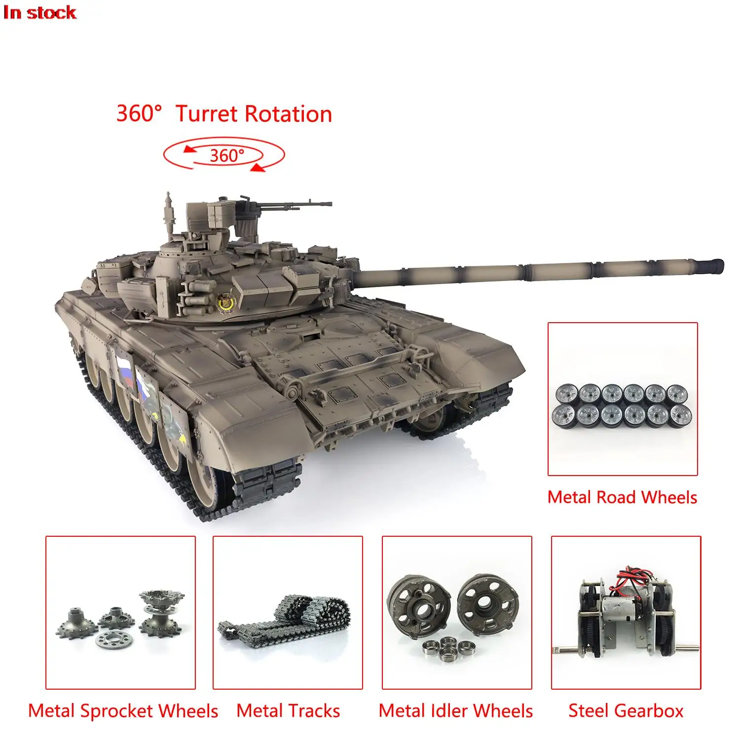 1/16 HENG LONG 7.0 Customized Russia T90 RC Tank 3938 360° Turret Metal Wheels Gearbox Bearing Tracks BB Shooting Toys TH17869