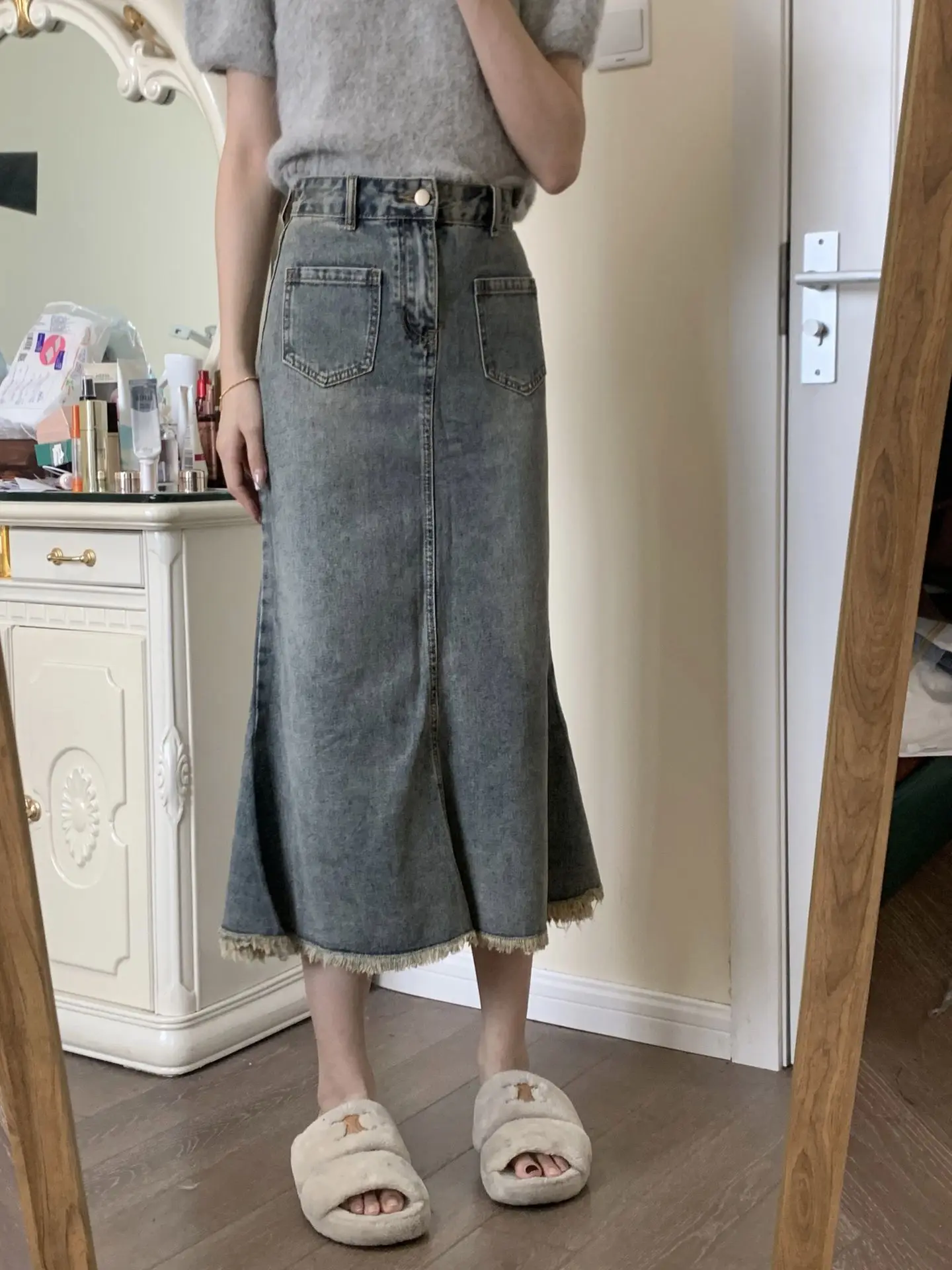 Design Sensation Denim f-lengte Rok vrouwen Herfst Nieuwe Sle A-lijn Lange Rok plus Size Vet MM Rokken Tailored Fi-staart