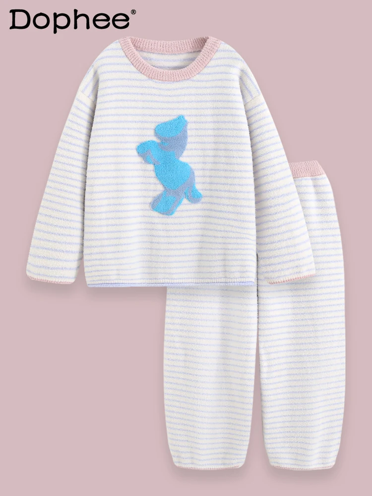 

2025 New Autumn Winter Soft Thickened Striped Pajamas Coral Fleece Warm Cartoon Cute Sweet Homewear for Women