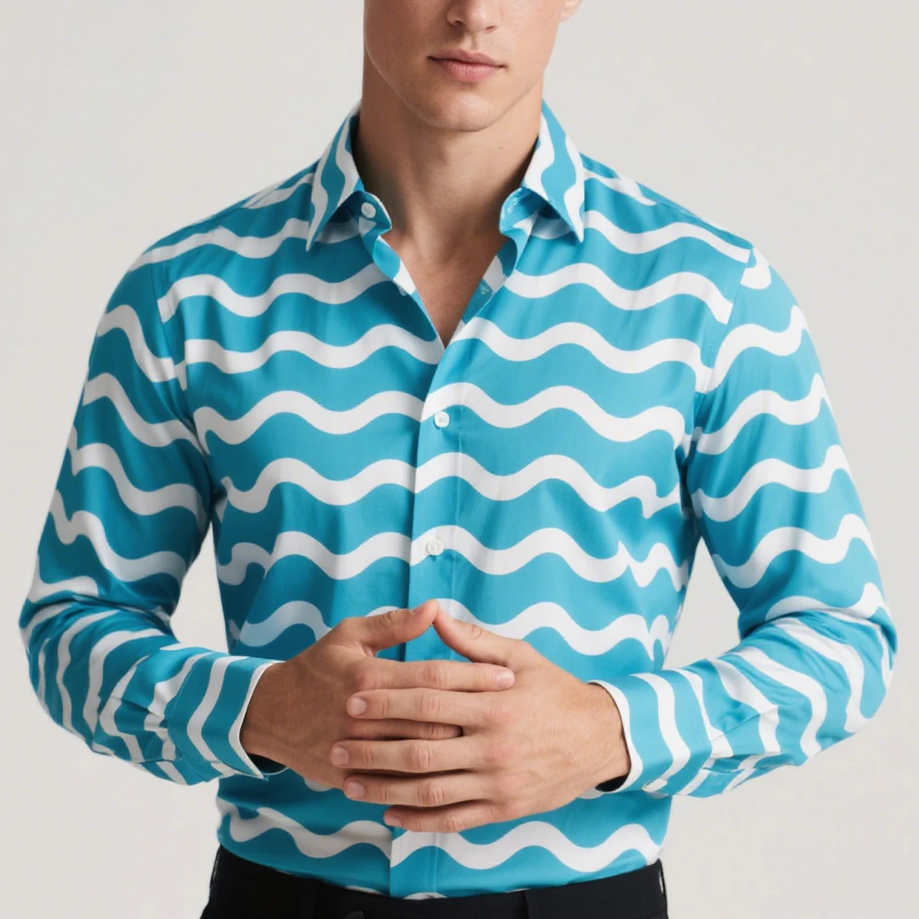 

Men's light-colored wave pattern geometric image print shirt long-sleeved lapel simple Hawaiian casual party top outdoor vacatio