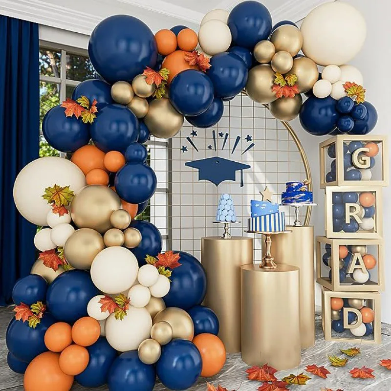 Autumn Theme Balloon Garland Kit, 136 PCS  Blue Beige Metallic Gold Balloon Arch Kit for Women Men Boho Birthday Wedding Baby