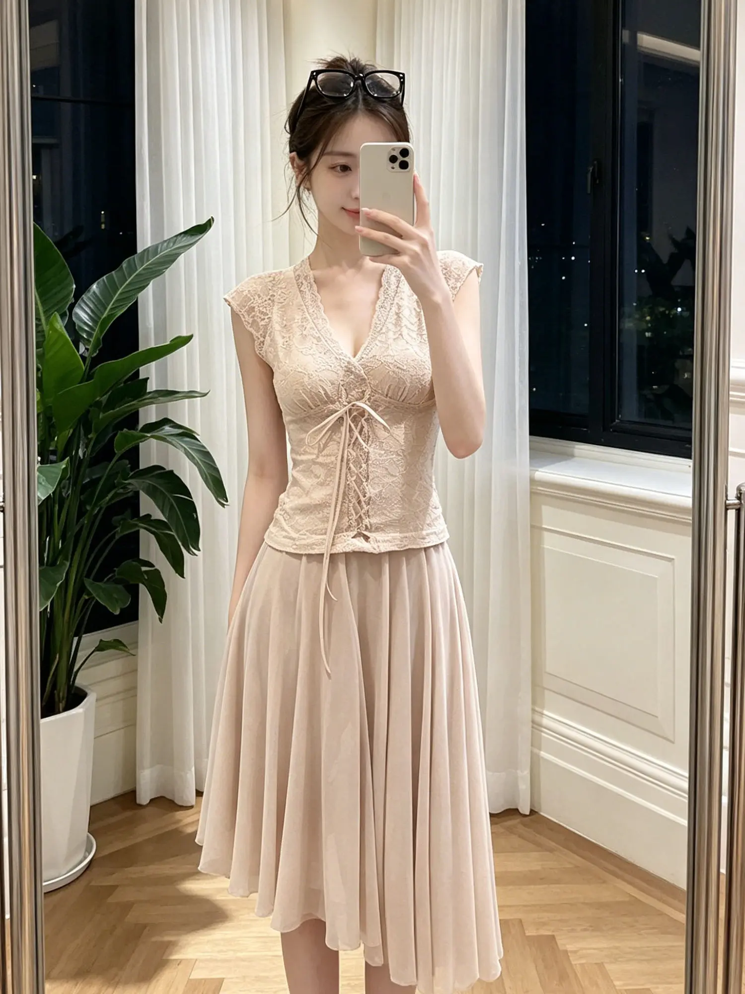 

Elegant Pure Desire High Quality Gentle Ballet Fitted Top Half Skirt Midi Skirt Beautiful Set Women's Fashion Summer Outfit