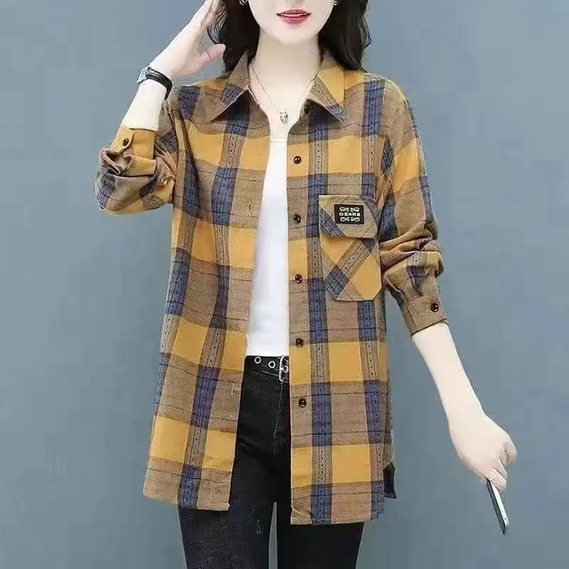 Camisa holgada de manga larga para mujer, camisa informal versátil con cuello tipo Polo, a cuadros y botones, a la moda, para primavera y otoño,