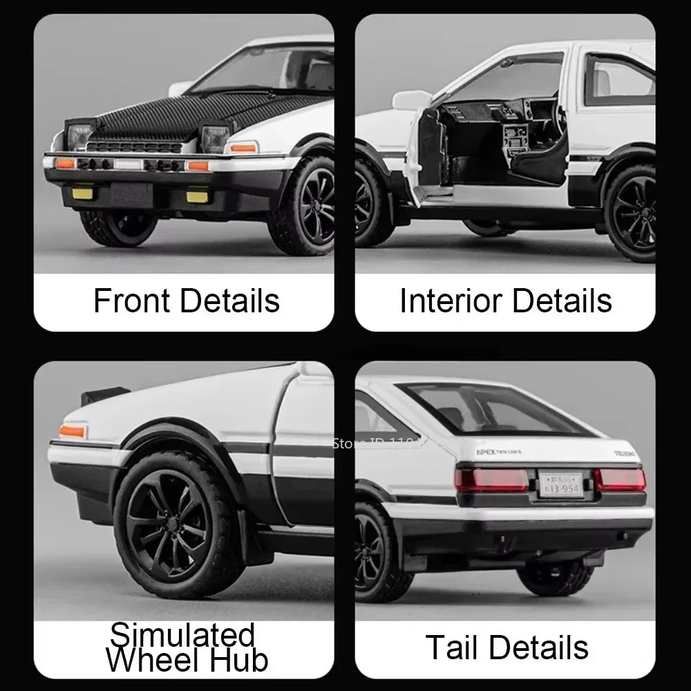 1:36 Scale Mini Model AE86 EVO Toy Cars Metal Diecast Pull Back Sound Light Doors Opened Rubber Tires Children Interactive Toys