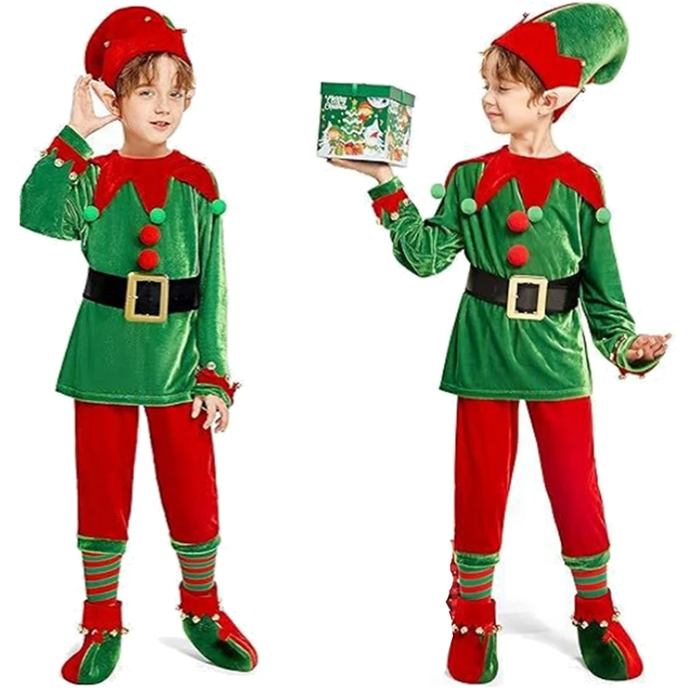 Meninos meninas bonito natal elfo traje conjunto de natal camisa superior com calças chapéu orelhas de silicone cinto meias e sapatos papai noel terno