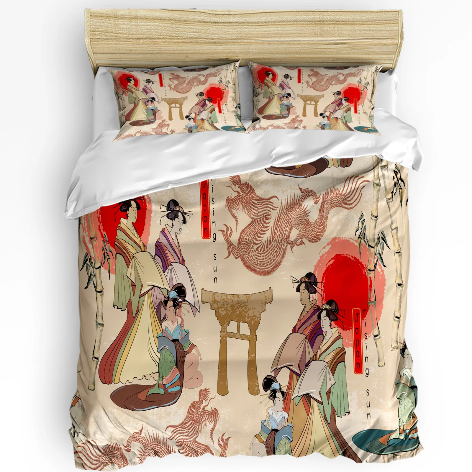 

Japan Red Sun Geisha Woman Dragon Bamboo 3pcs Bedding Set For Bedroom Double Bed Home Textile Duvet Cover Quilt Cover Pillowcase