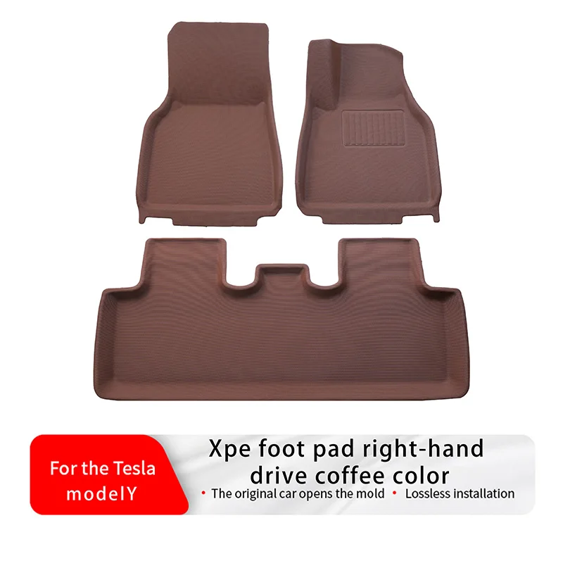 Alfombrillas de color marrón caramelo XPE para Tesla Model Y (con volante a la derecha) de los años 2021-2024, con base antideslizante con textura de púas.