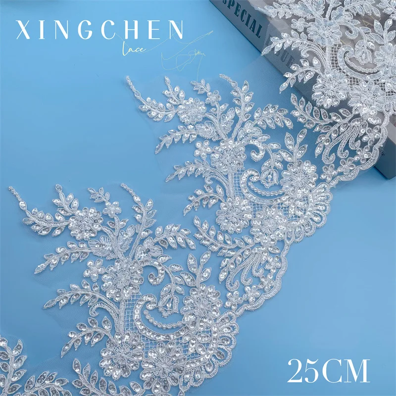 1 Yard Ivory Sequin Cording Fabric Flower Venise Venice Mesh Lace Trim Applique Sewing Craft for Wedding Dec. 25cm