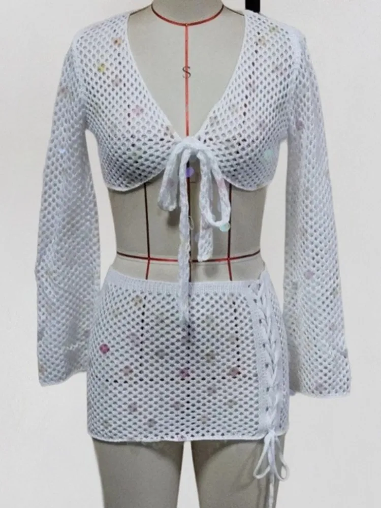 Swimwear Skirt Cover-up 2 Piece Set Women Crop Tops And Mini Skirt Bathing Suit Fashion Solid Hollow Sexy Beach Cover Up Outfits