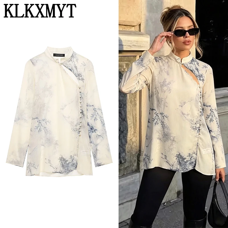 KLKXMYT Women's Fashion Print Button Shirt Summer Autumn Long Sleeve Semi-transparent Shirts Daily Commute Elegant Blouse Top