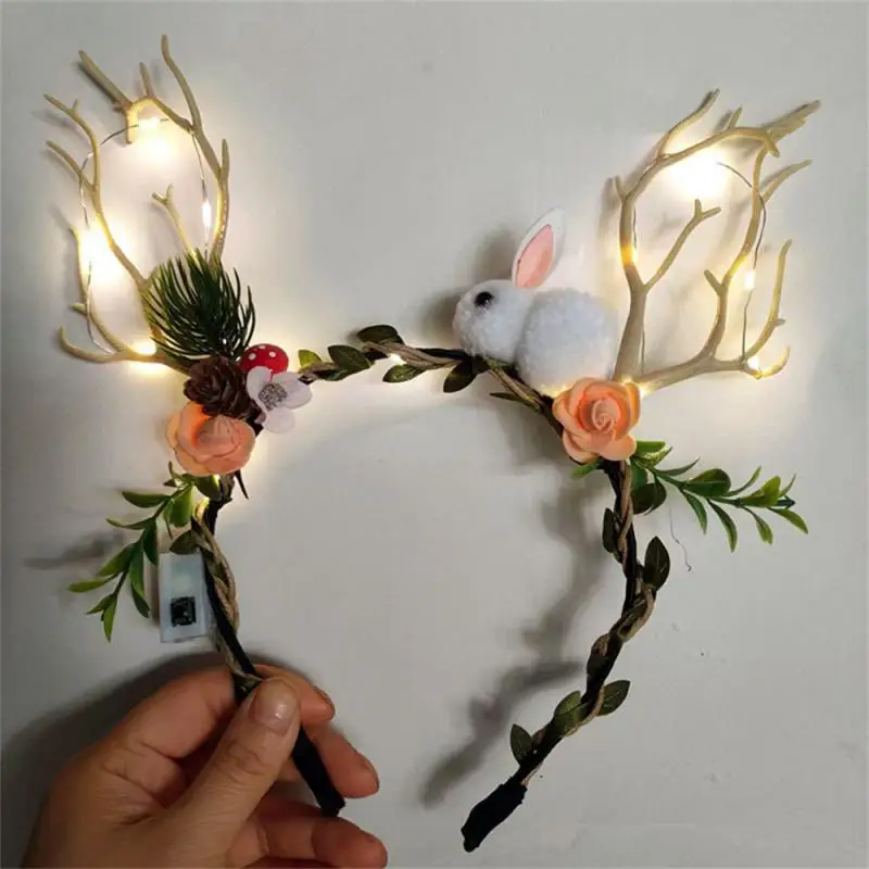 Merry Christmas Glow Antler Headband Fairy Tale Flower Retro Tree Branch Hoop Xmas Festival Party Prop Hair Accessories for Girl