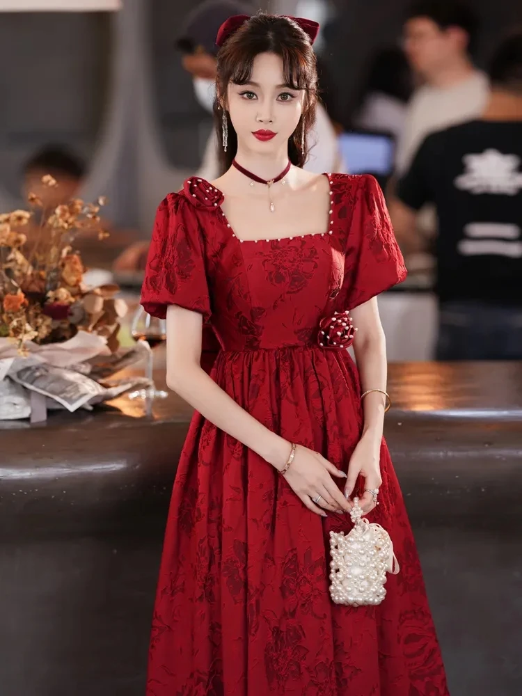 High-waisted Pregnant Women Toast Clothes Bridal Wedding 2024 Summer New Elegant Square Collar Wine Red Engagement Dress Female