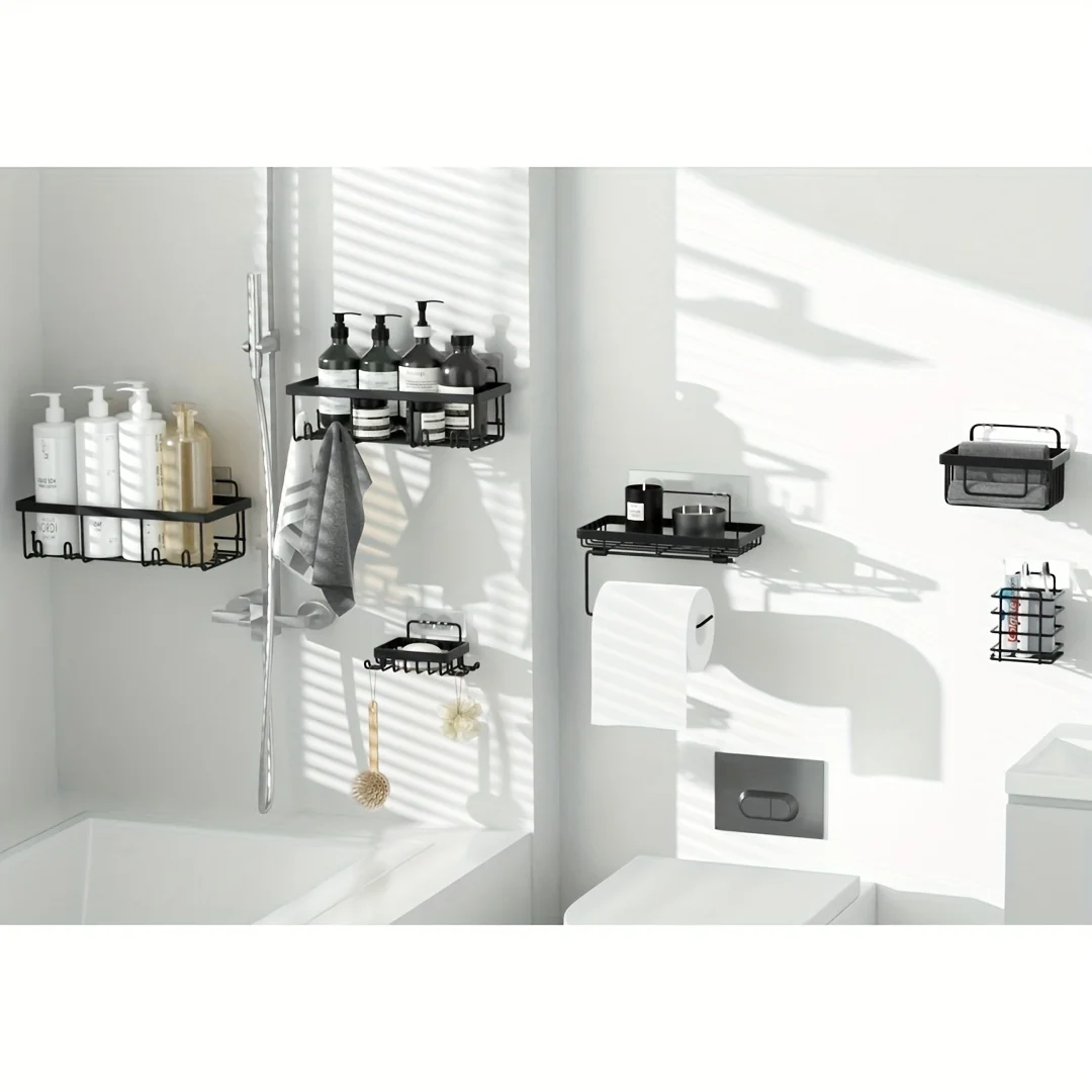 Home Bathroom Shelf Set 6-piece Strong Adhesive shower tissue shelf with hooks and soapy toothbrush holder