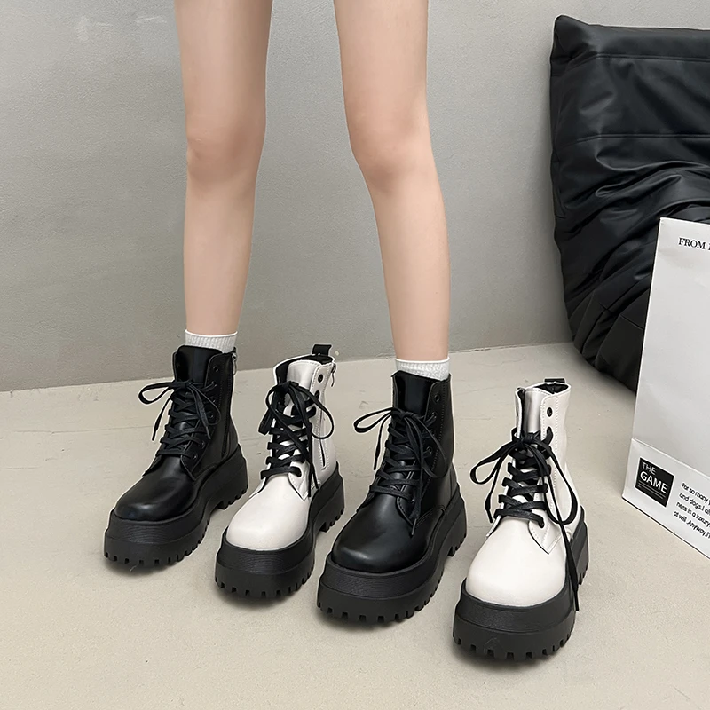 Herbst Winter Damen Plateau-Stiefeletten mit seitlichem Reißverschluss, Schnürung, klobige Sohle, modische CNEYEIBN kurze Stiefel, Zapatos Mujer