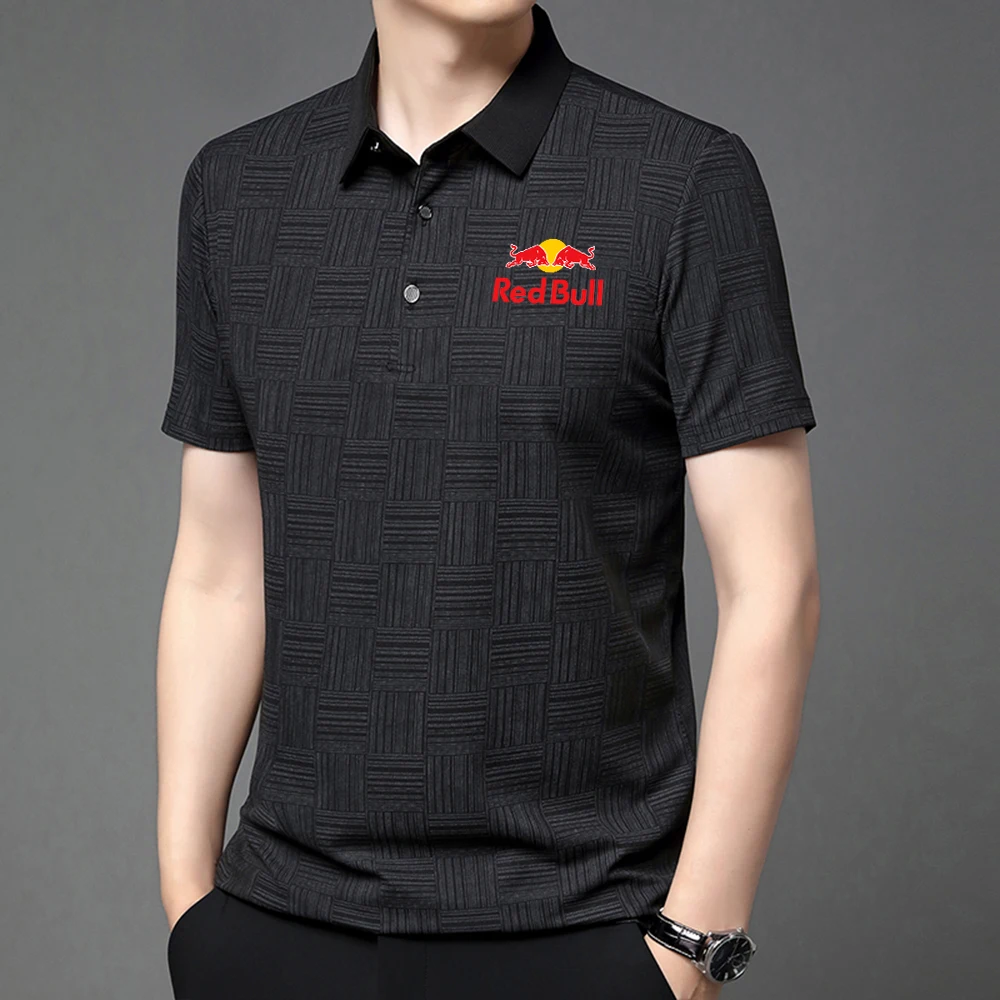 

{High Quality} Men'S Short Sleeved Solid Color Red Bull Polo Shirt Breathable And Comfortable Elastic Top Casual Business Style