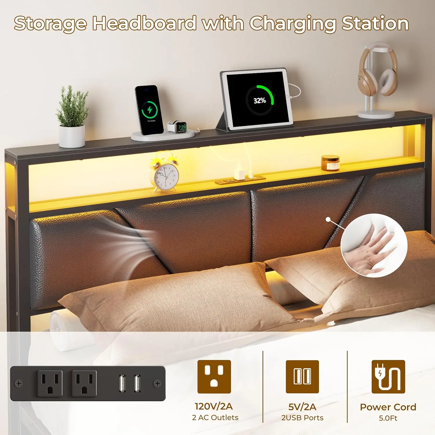 Queen Bed Frame with Storage Headboard and 6 Drawers, Metal Platform Bed Frame Queen Size with Charging Station and, Customized - view 5