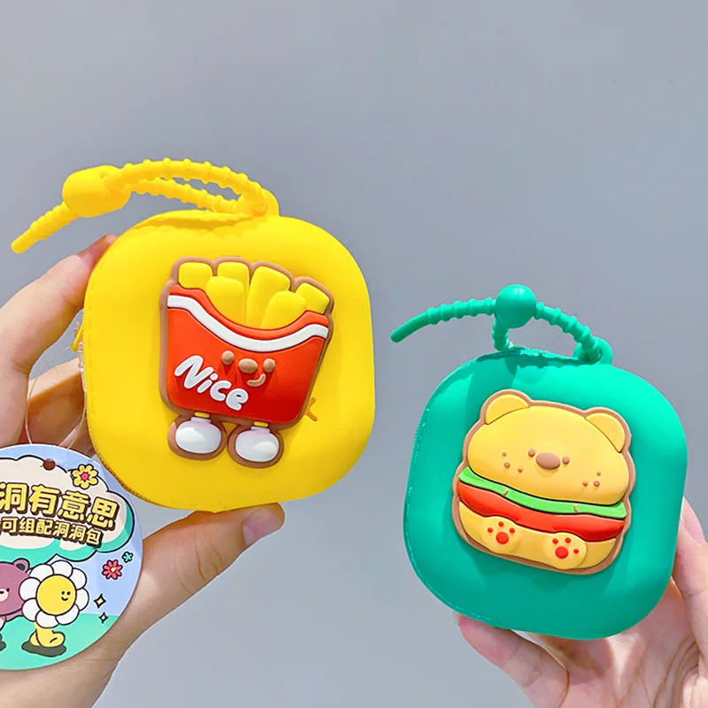 Cartoon Burger Fries Print Organizer Box Keychain Bag Protect USB Cable Key Storage Case Keyring Coin Purse Wallet Key Chain