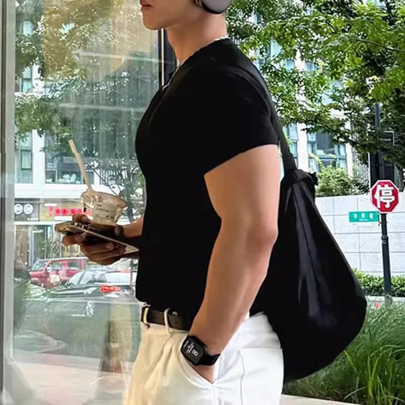 สไตล์อเมริกันขนาดเล็ก O-คอกระชับแขนสั้นสบายๆชุดออกกําลังกายออกกําลังกายกีฬา TOP Breathable เสื้อยืดผู้ชายใหม่