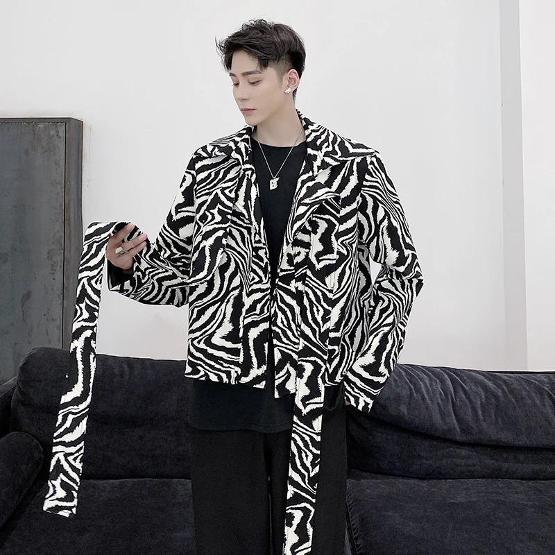 LUZHEN Zebra Stripe Printed Belt Decorate Elegant Handsome Blazer Coat Men's 2025 New Fashion Original Korean Male Jacket JY4265