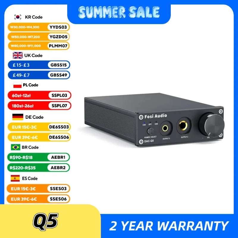 Fosi Audio Q5 DAC Converter USB Digital-to-Analog Adapter ESS9018K2M Decoder & Headphone Amplifier & Mini Stereo Preamplifier