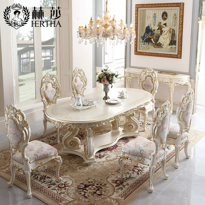 Hector palace French furniture solid wood painted 2.2m dining table European hand carved dining table and chair combination P2