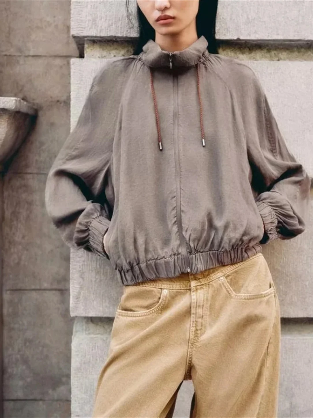 New Autumn Faion Women's Casual Sle Long Sve Pilot Jaet Coat Drapey Stand Collar Outerwear Commute Sle Slim Fit