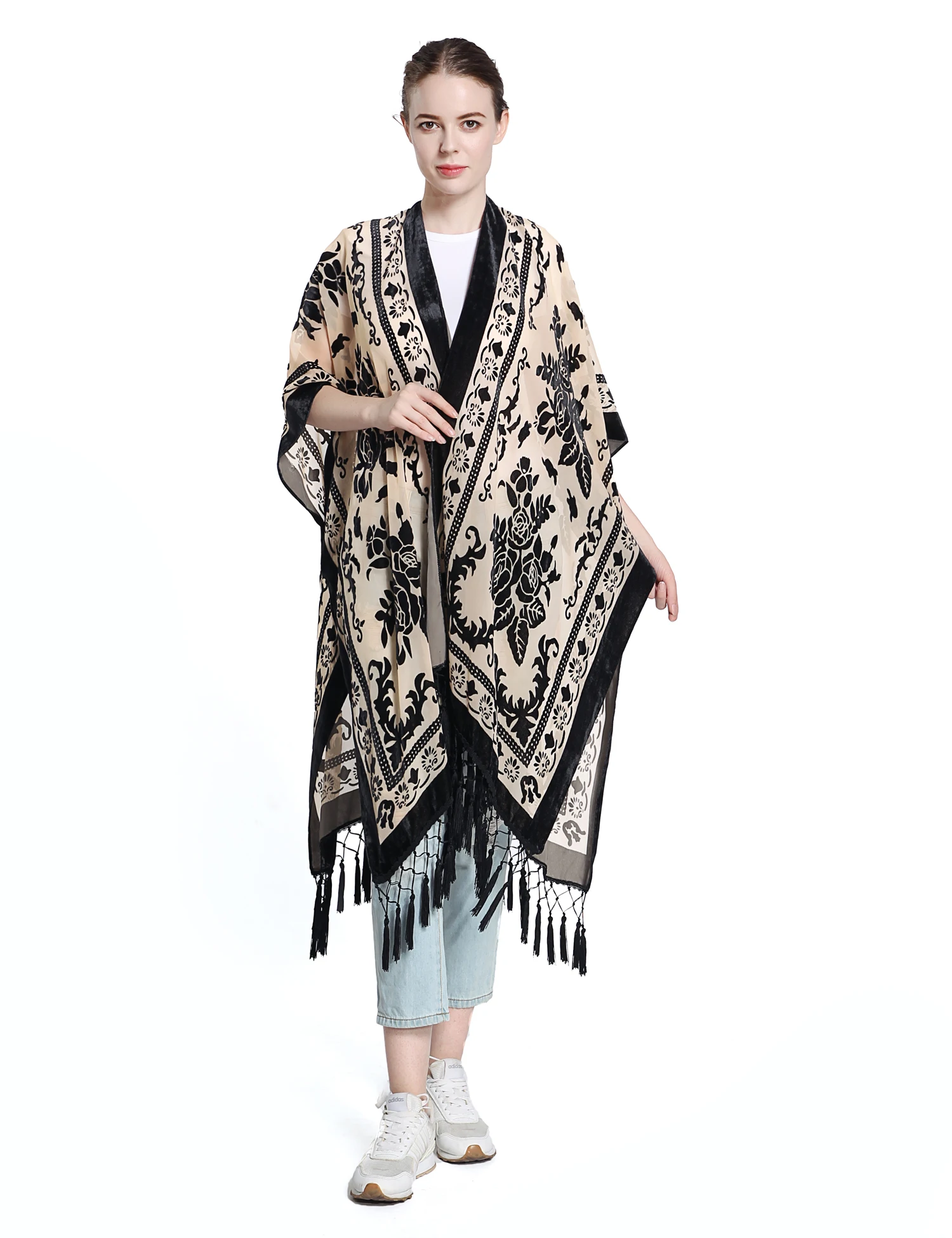 WeHello Cárdigan largo tipo kimono de terciopelo burnout para mujer con borla negro brillante cárdigan informal para vacaciones chal Top de gran tamaño