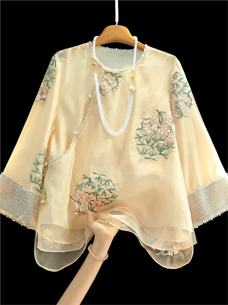 New Chinese-style silk organse shirt for women with round neck and three-quarter sleeves, heavy embroidery, top
