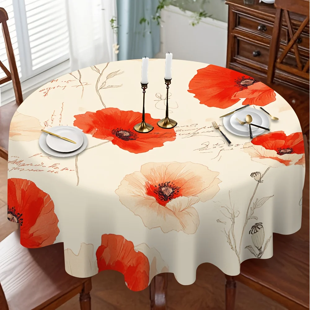 One red poppy sketch round tablecloth design, creating a cozy dining atmospherezyc