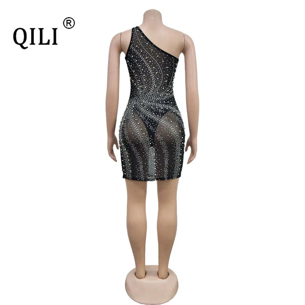 QILI-Women's Sleeveless Rhinestone Short Dress, Monochromatic Mesh, Hot Diamond