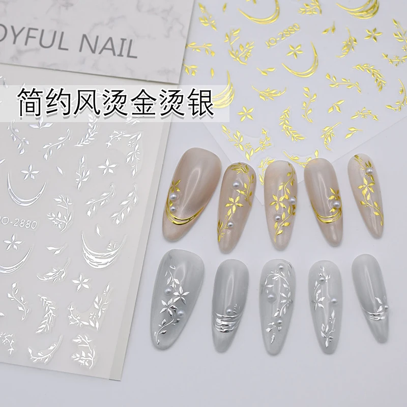 2pcs 3d Nail Art Decals Gold Silver French Lines Leaves Stars Moons Butterflys Nail Stickers Decoration For Nail Manicure
