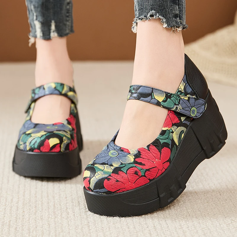 GKTINOO Handmade Retro Style Women Platform Shoes Spring Summer Genuine Leather Wedges Heel Pumps Casual Shoes