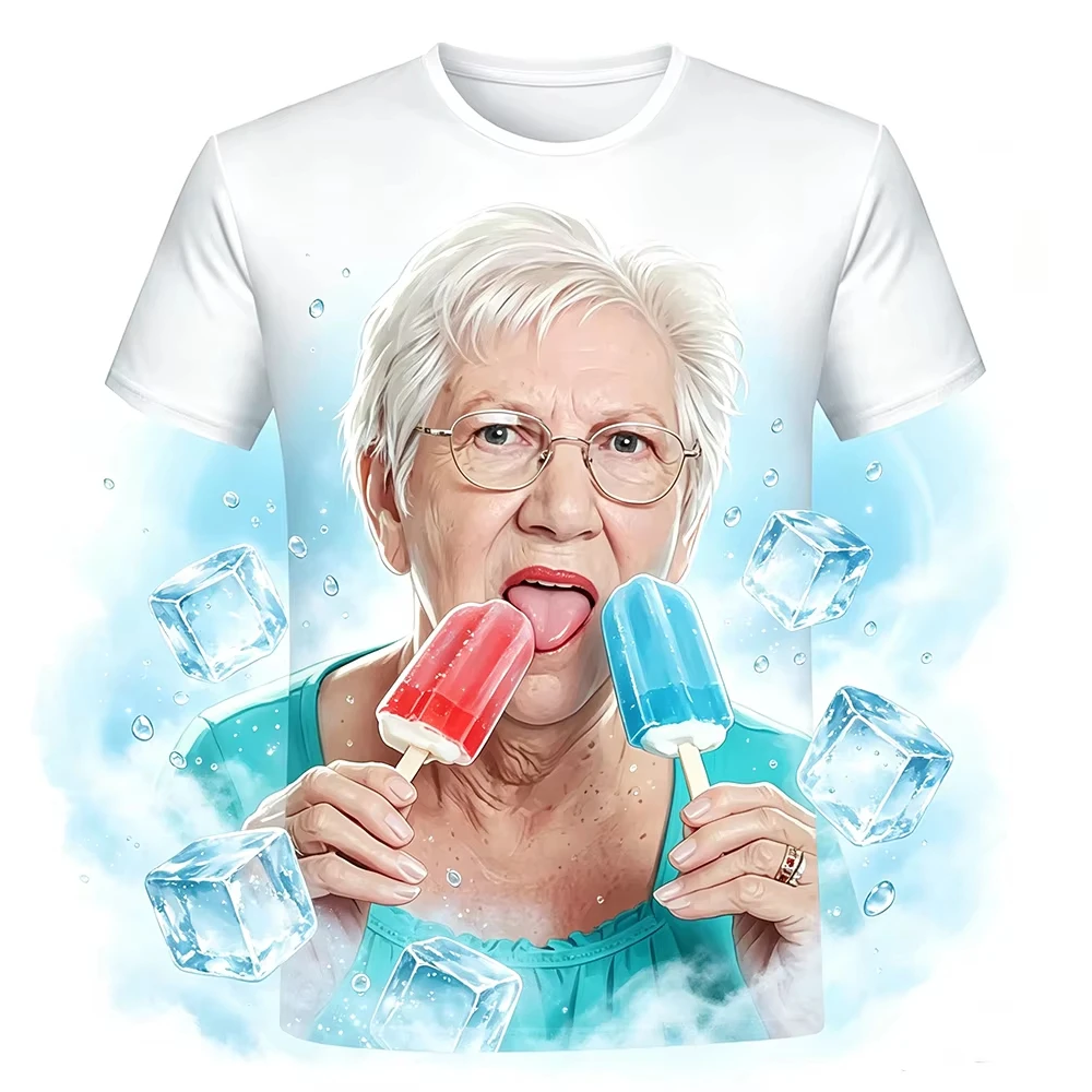 2026 Summer New Creative Funny Lady Licking Red Popsicle 3D Printed T-shirt Cute Grandma Funny Popsicle T-shirt Casual Loose Top