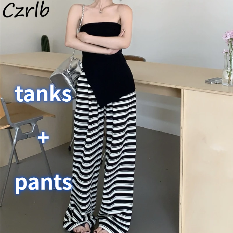 2 piece sets women outfits strapless backless tanks striped loose pants summer tender hotsweet casual holiday girlish fashion