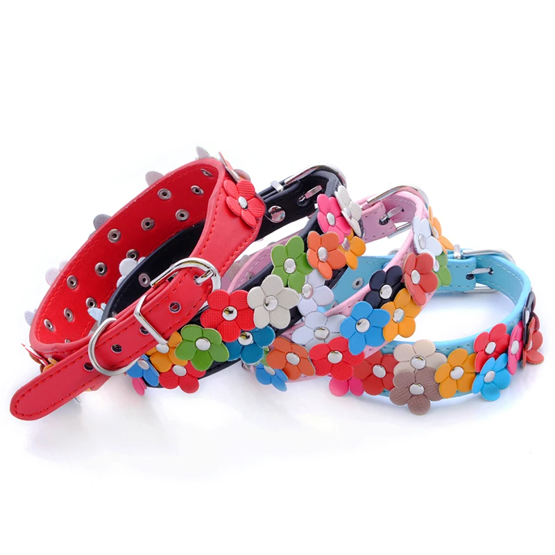 CP079Cute Muti Colors Wide Version Double Rows Flower Decoration PU Leather Durable Stylish Pet Girl Dog Fashionable Collar