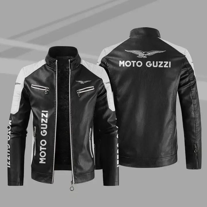 [European size plus velvet style] Moto Guzzi Logo motorcycle PU leather jacket autumn and winter casual high-end men's jacket