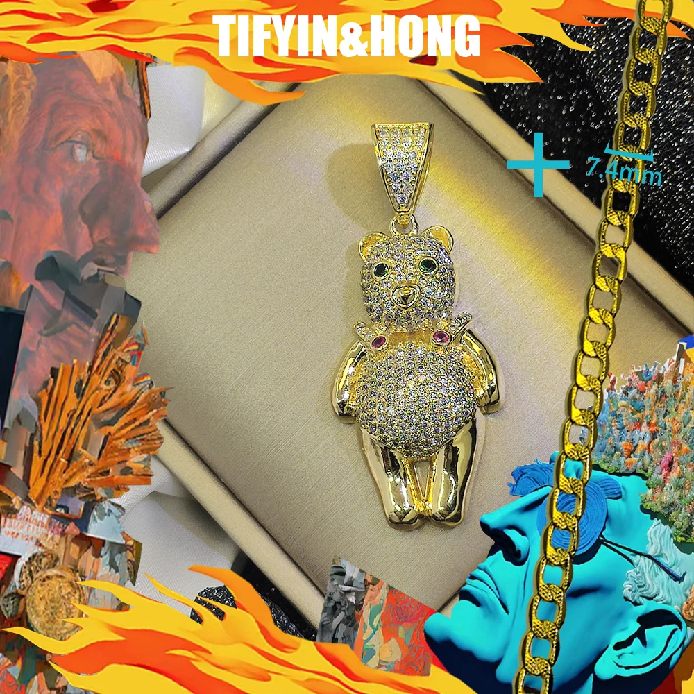 Hip hop standing teddy bear pendant paired with 18K gold-plated necklace, luxurious customization, suitable for street rap, gift