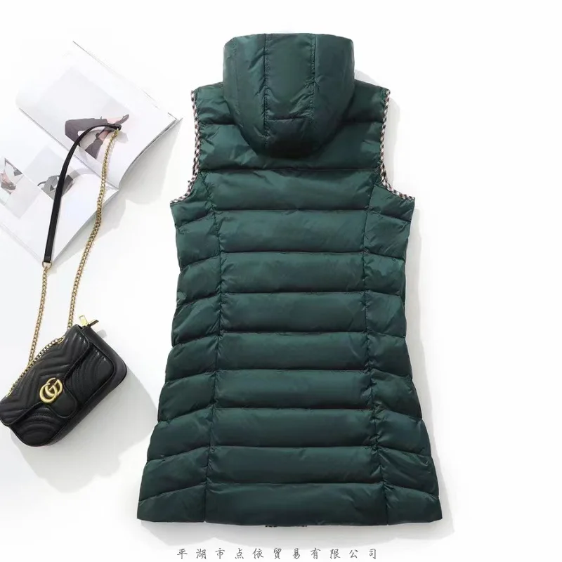 Women Sleeveless Plaid Hooded Down Waistcoat Coat Warm Light White Duck Down Vest Parkas Ladies Double Breasted Long Tank Jacket