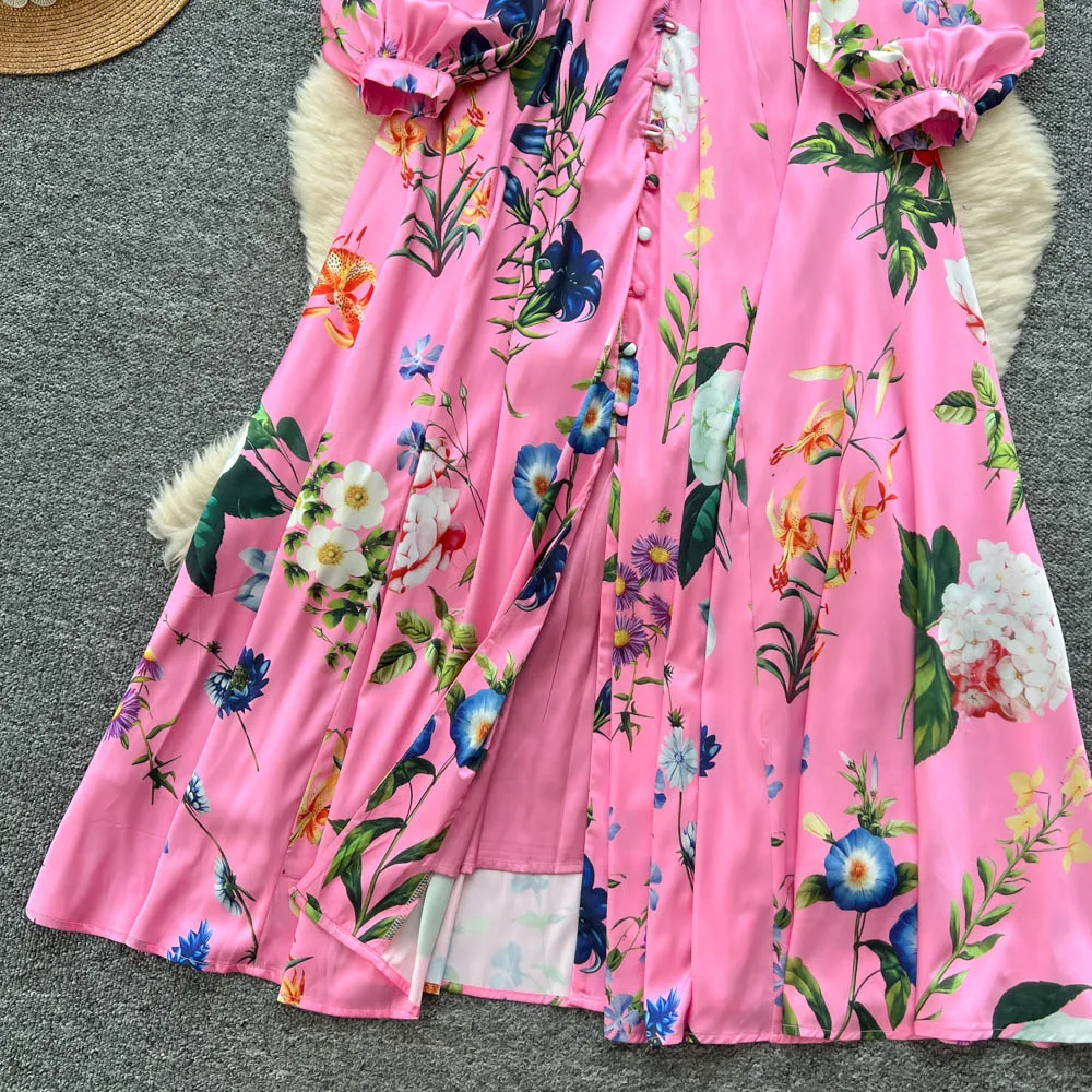 シックなヴィンテージ風長袖シングルブレストOネックプリントエレガントフェアリー韓国ファッションボヘミアン女性服ワンピース