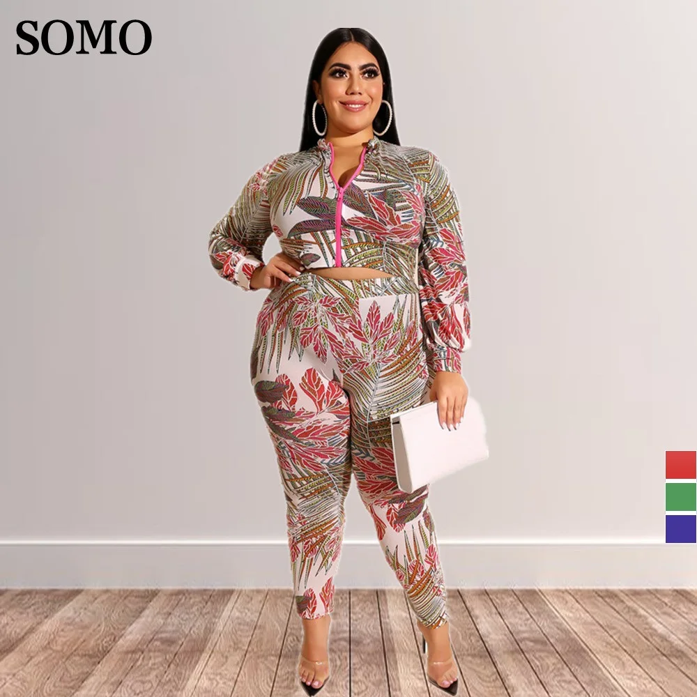 SOMO 2022 Atasan Lengan Panjang Ritsleting Print Ukuran Plus Celana Panjang Skinny Pakaian Wanita Set Dua Potong Kasual Dropshipping Grosir