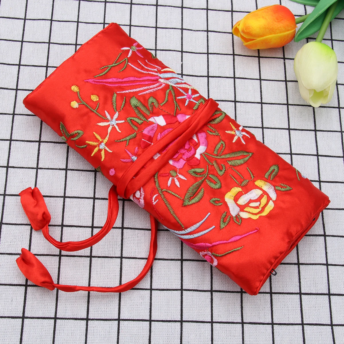 

Elegant Jewelry Roll Bag 1 Large Pocket 3 Small Zippered Pouches Soft Silk Satin Material H Embroidered Flowers Lucky Patterns
