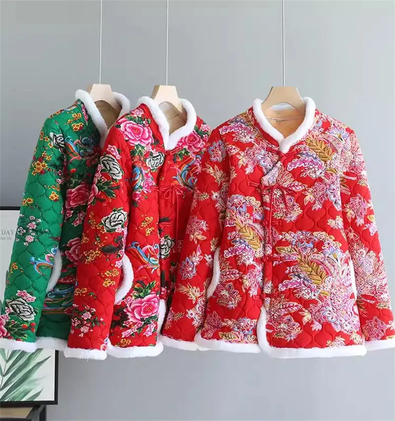 Northeast Big Flower Cotton Coat Women's 2024 Autumn Winter New Mom Pan Button Chinese Wind Floral  Fleece Jacket Outerwear K036