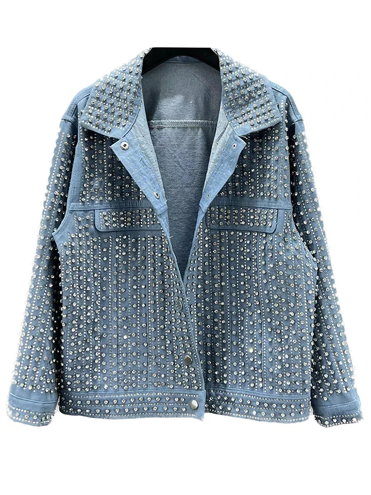 [EWQ] Streetwear Patchwork Rivet Denim Jacket Women Fashion Lapel Long Sleeve Loose Coats Female Outerwear 2024 Autumn New Trend